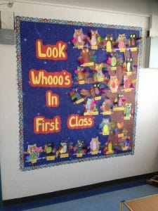 "Look Whooooooo's in First Class" owl display