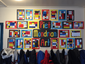 The boys learned about the artist Piet Mondrian and how he painted vertical and horizontal lines, using only the colours of red, blue, yellow, white and black.